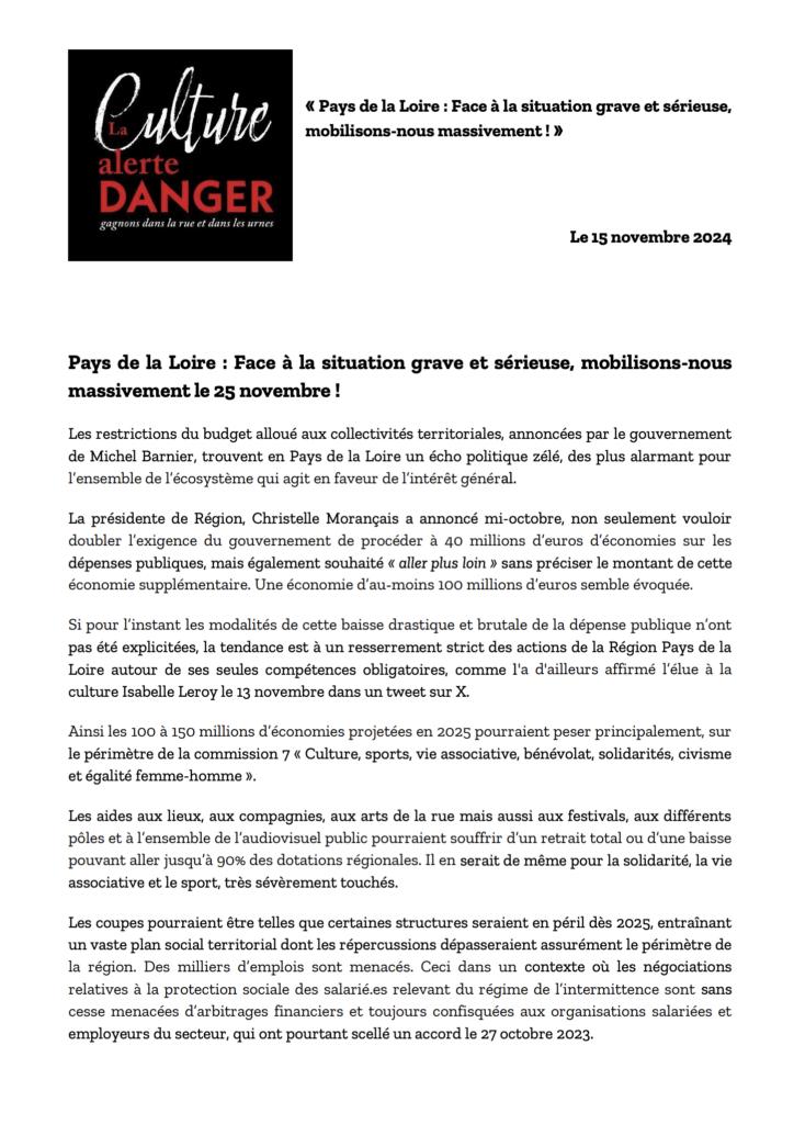 Communiqué · Pays de la Loire : Face à la situation grave et sérieuse, mobilisons-nous massivement le 25 novembre !